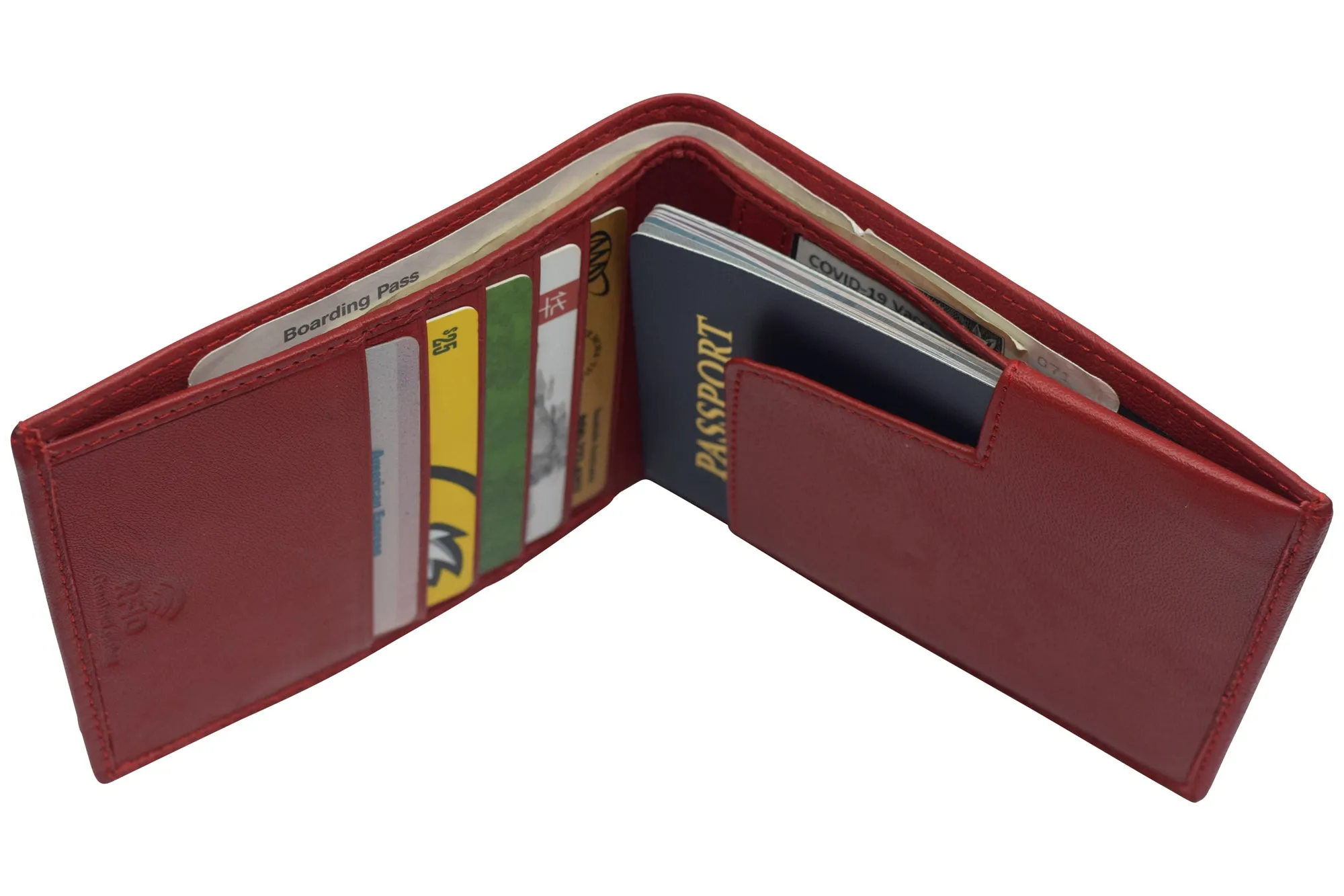 All in One Travel Wallet RFID Genuine Leather Bifold Hipster Passport Wallet Vaccination Card Holder