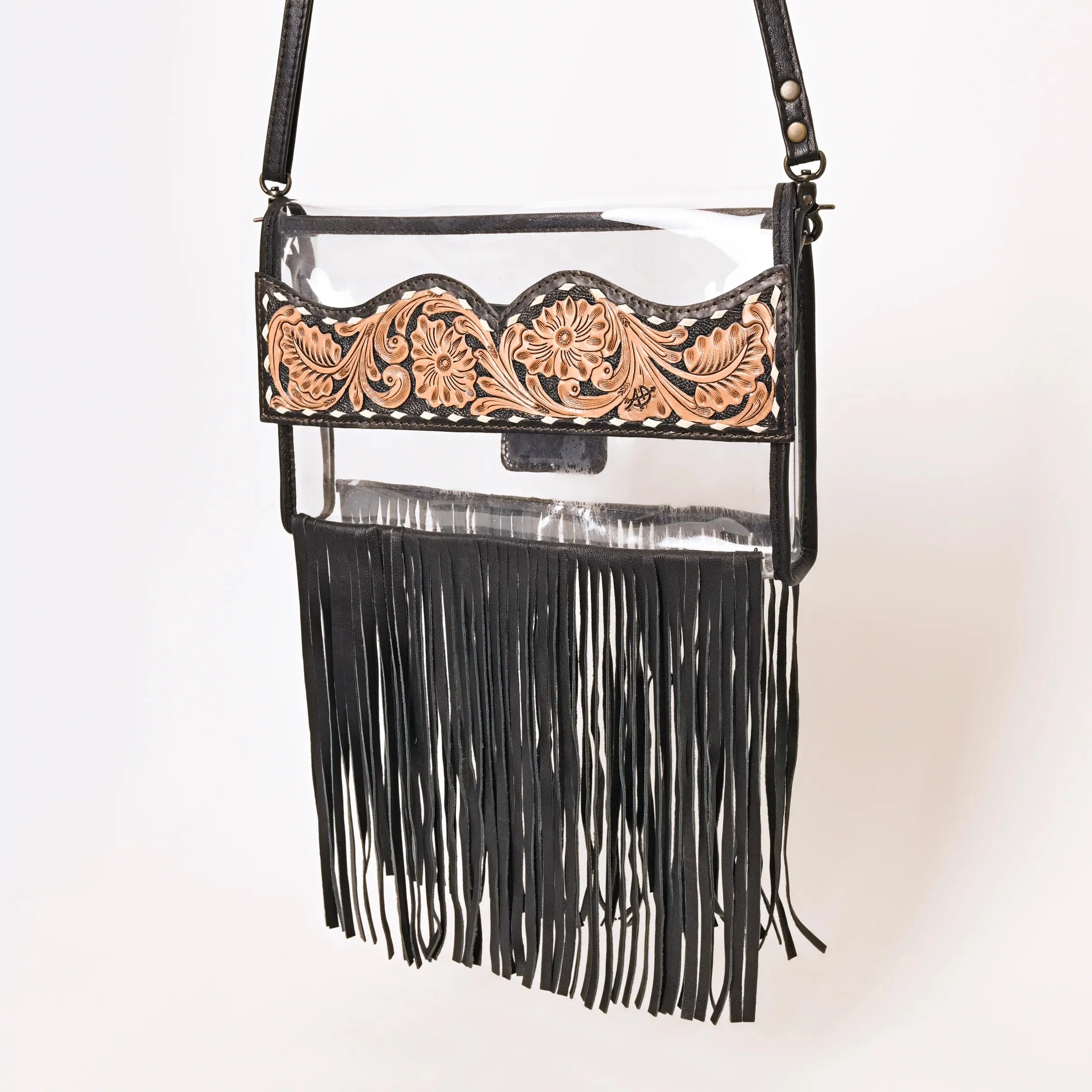 American Darling Fringe & Floral Hand Tooled Leather Clear Crossbody Bag