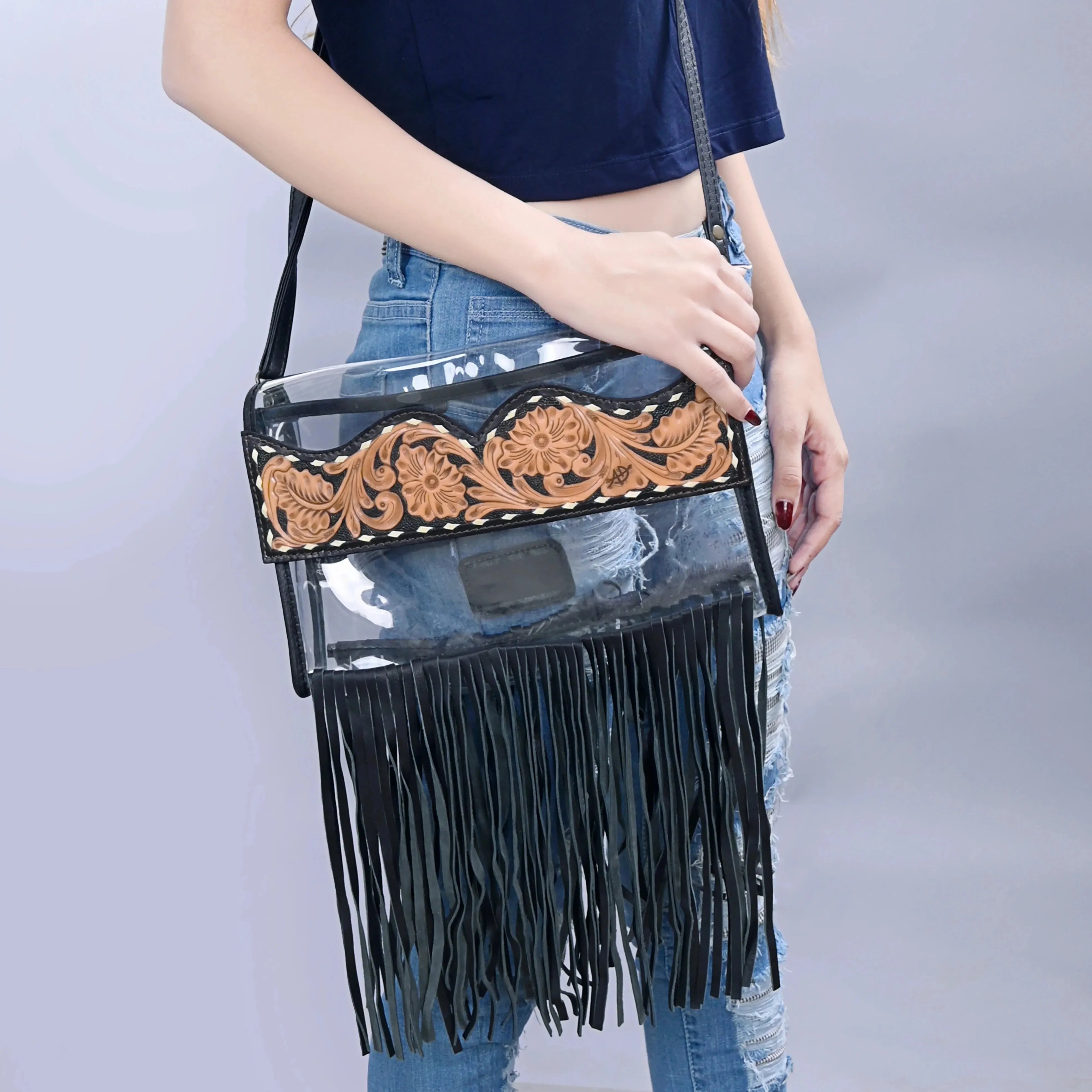 American Darling Fringe & Floral Hand Tooled Leather Clear Crossbody Bag