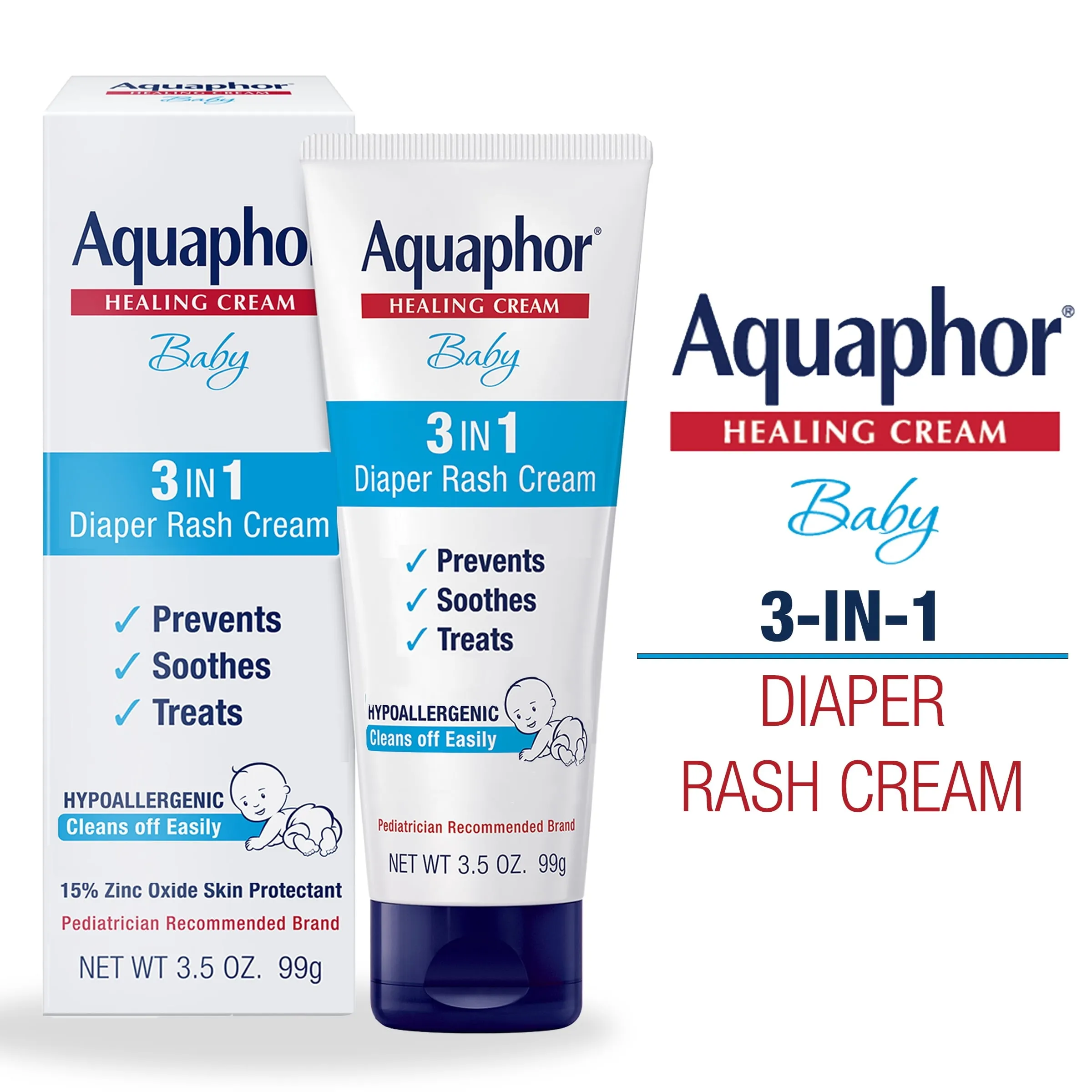 Aquaphor Baby Diaper Rash Cream, 3-in-1 Diaper Rash Relief, 3.5 Oz Tube