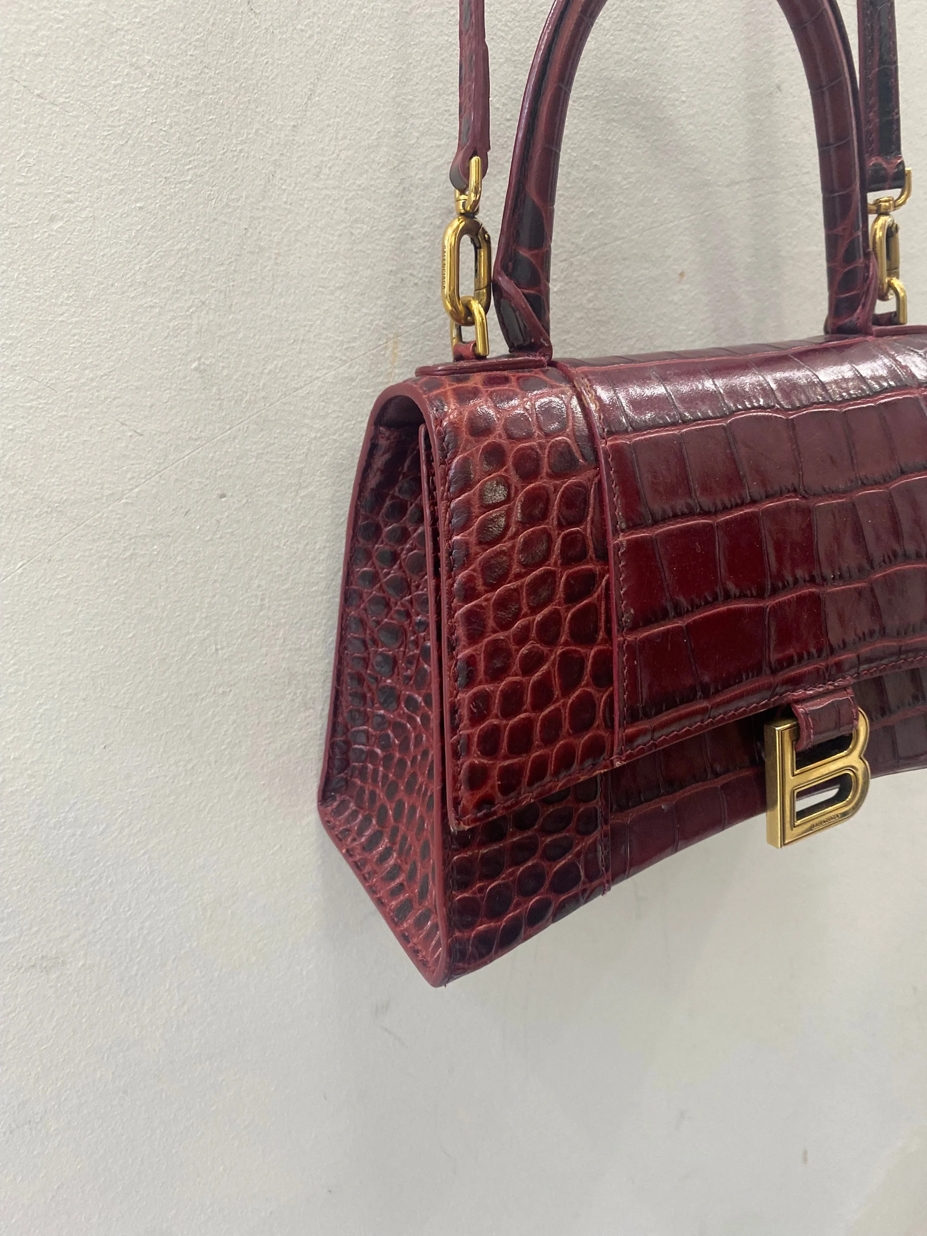 BALENCIAGA HOURGLASS CROCODILE EFFECT LEATHER BAG