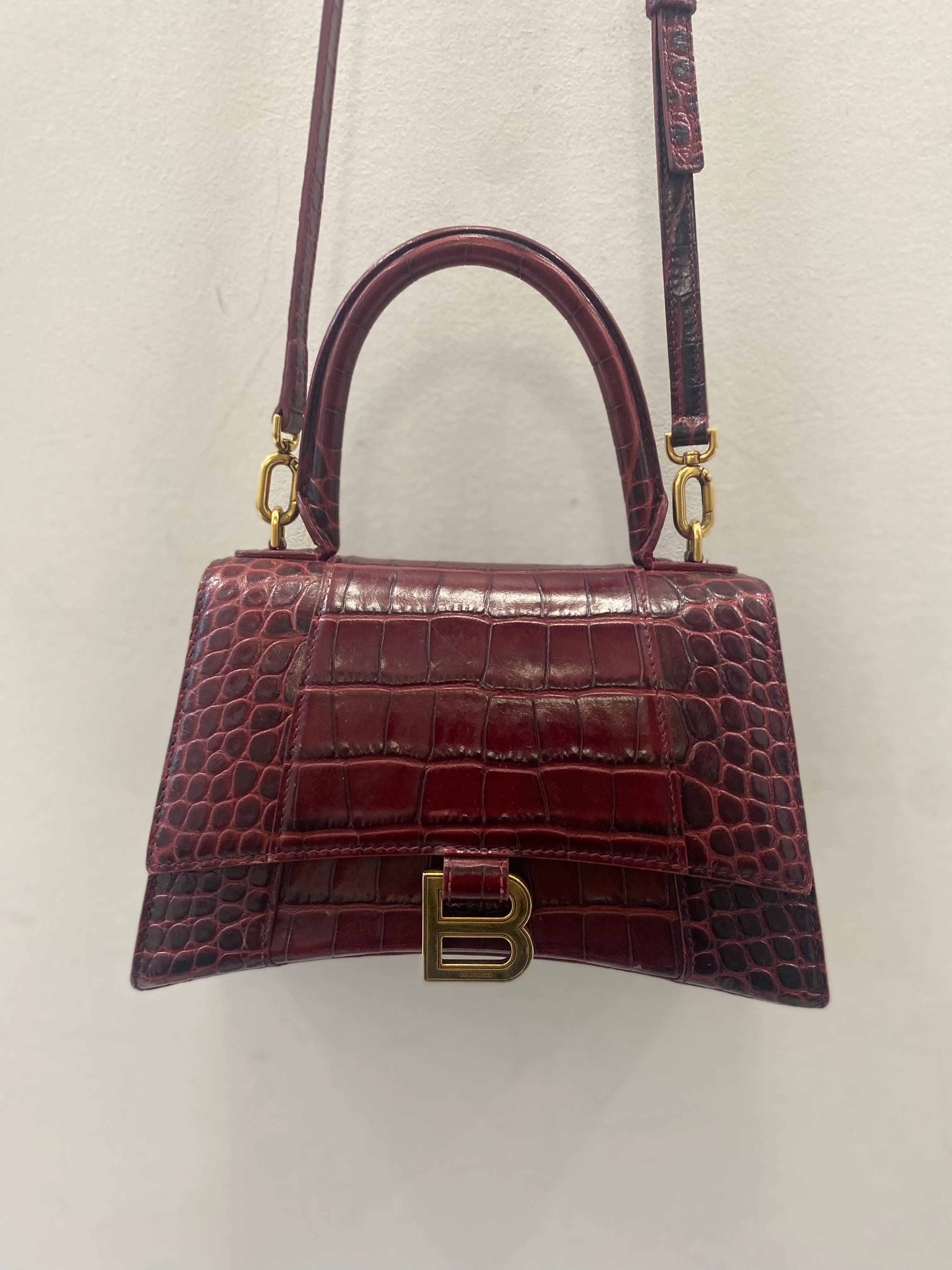 BALENCIAGA HOURGLASS CROCODILE EFFECT LEATHER BAG