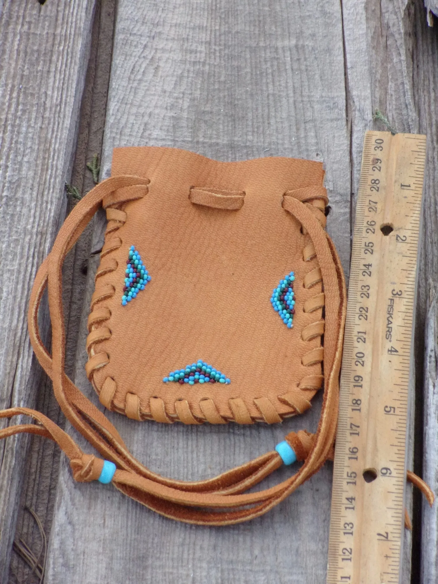 Beaded leather medicine bag, leather pouch