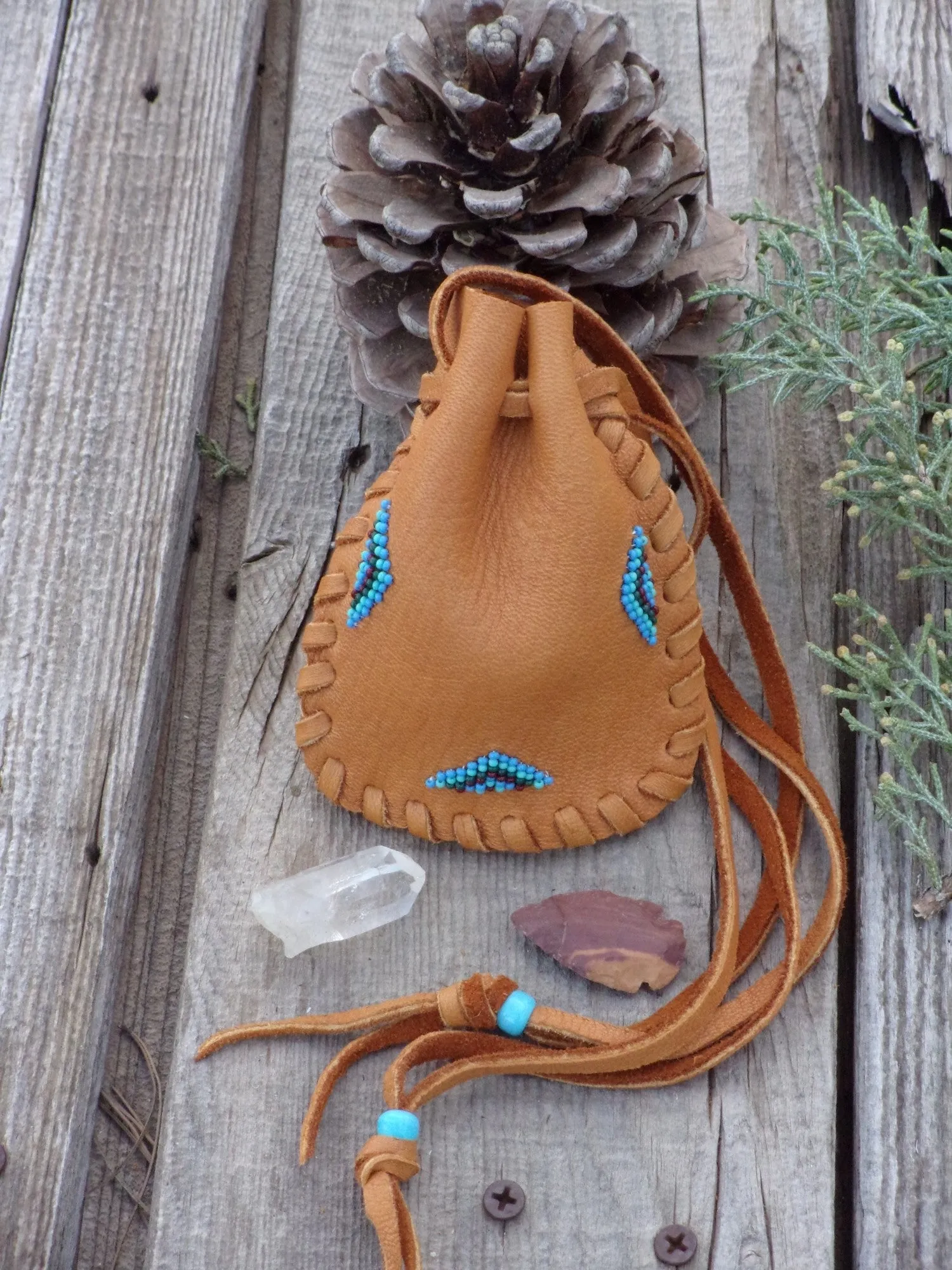 Beaded leather medicine bag, leather pouch