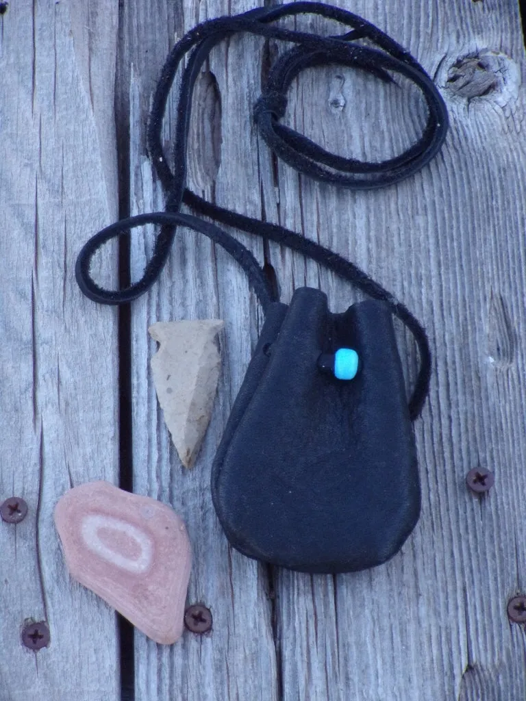 Black amulet bag, buckskin medicine pouch, crystal pouch, necklace bag