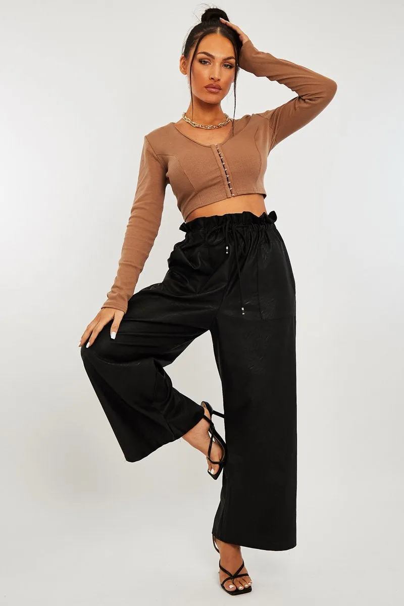 Black Faux Leather Wide Leg Cropped Trouser- Haidy