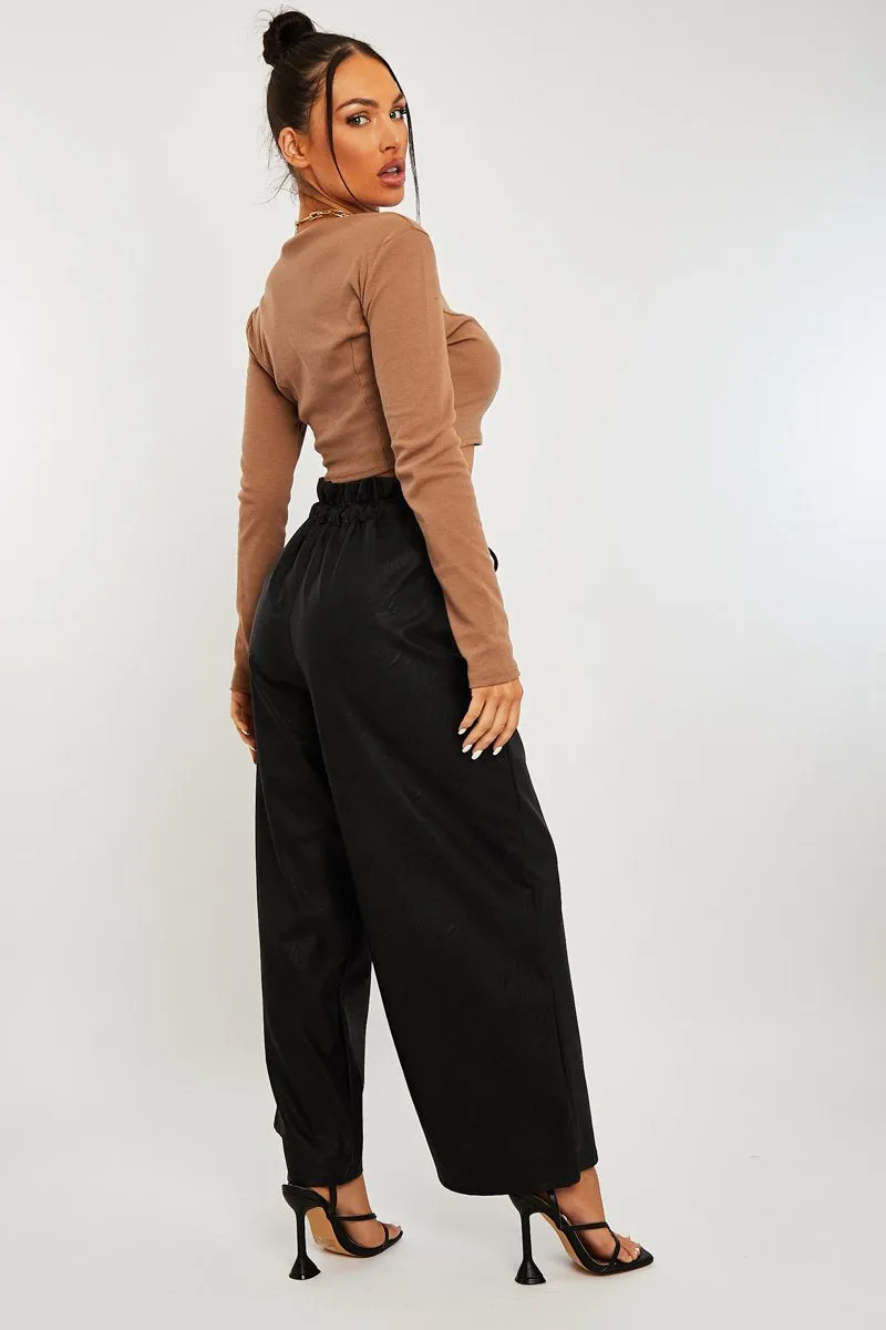 Black Faux Leather Wide Leg Cropped Trouser- Haidy