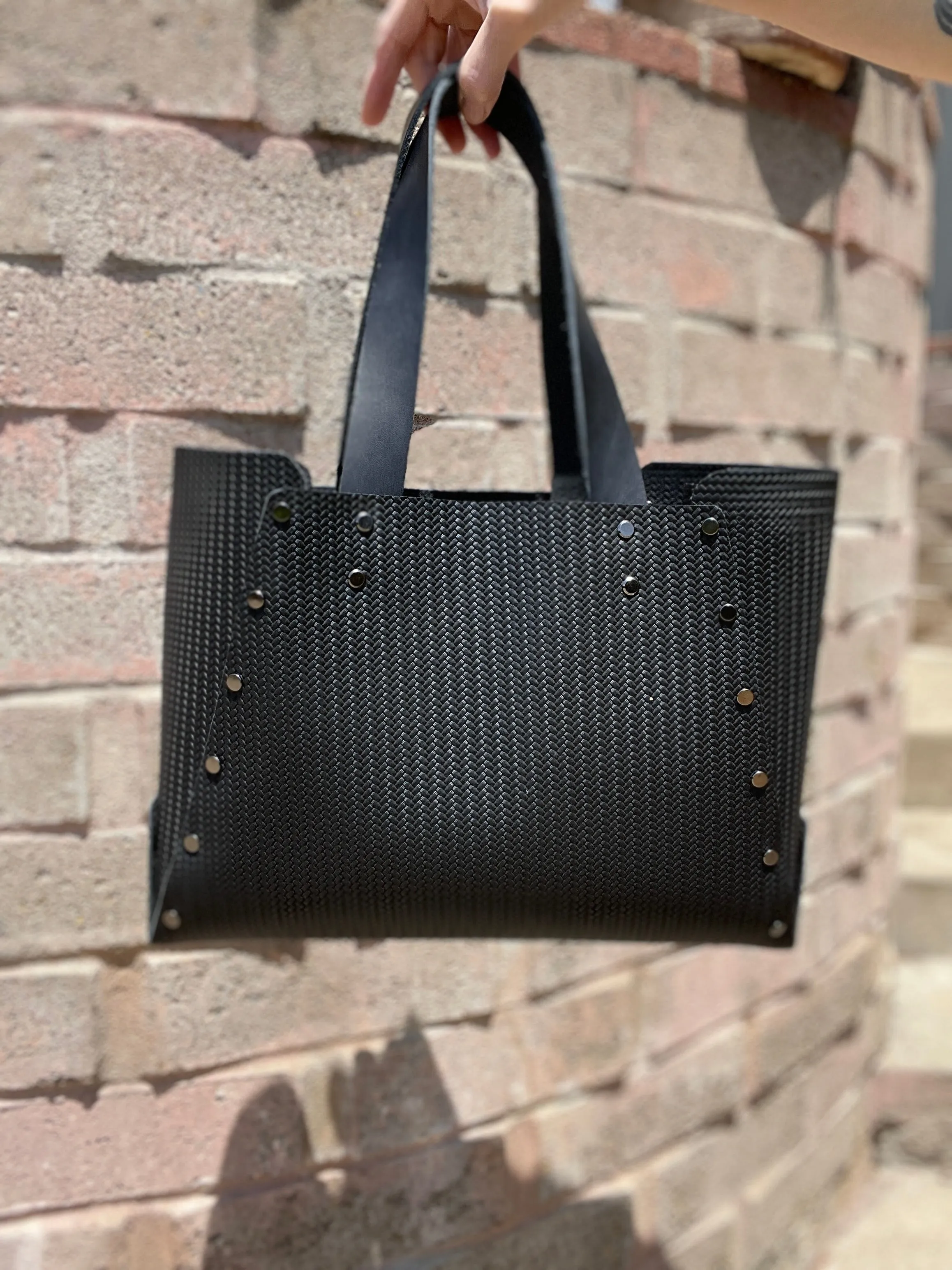 Black Herringbone Embossed Open Top Tote Bag