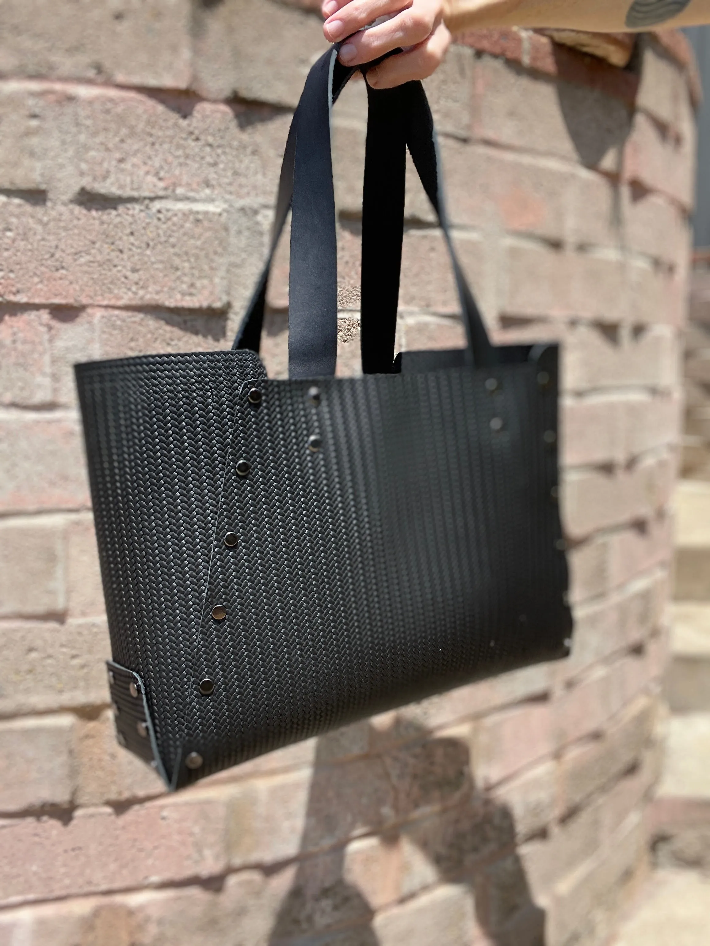 Black Herringbone Embossed Open Top Tote Bag