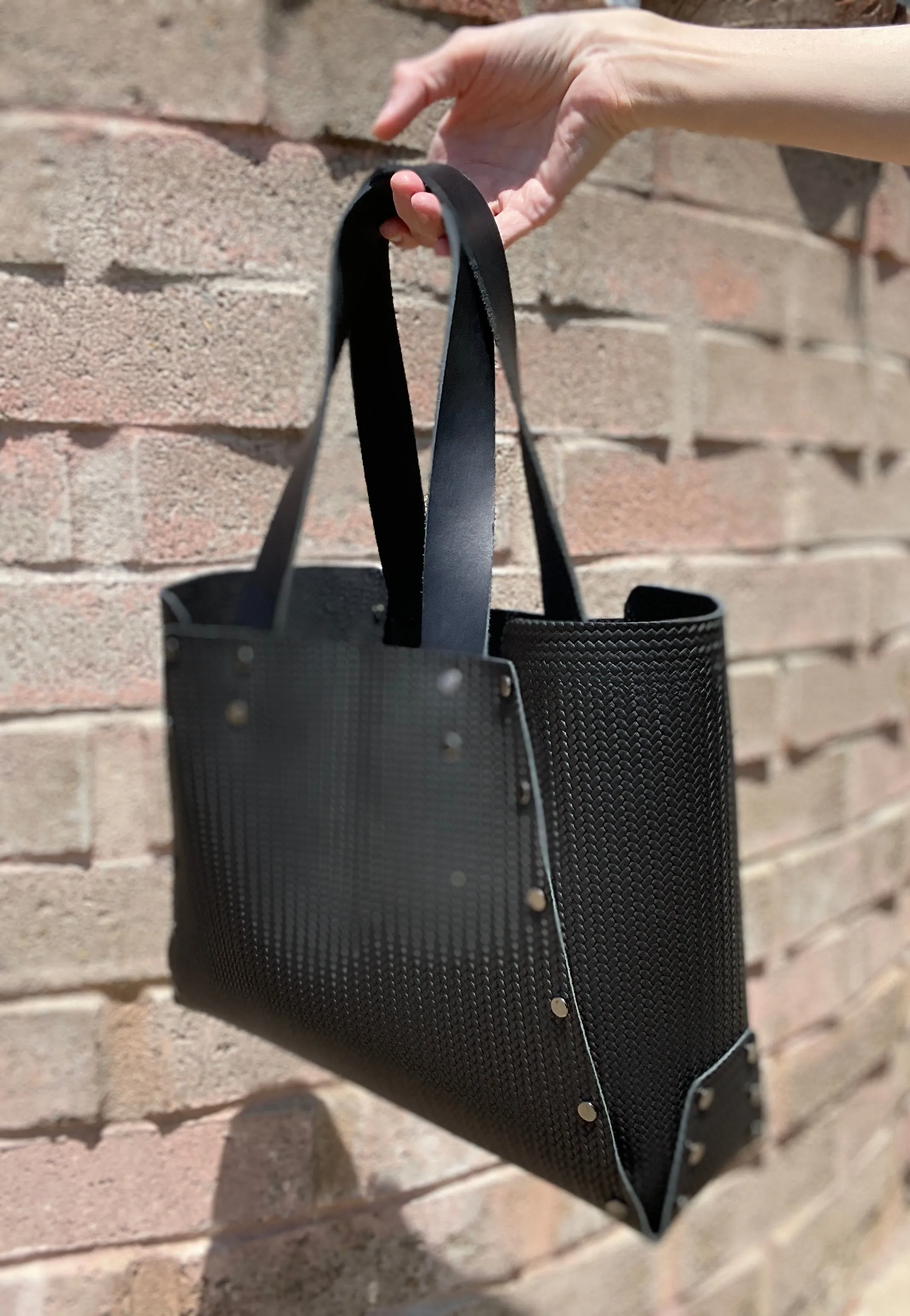 Black Herringbone Embossed Open Top Tote Bag