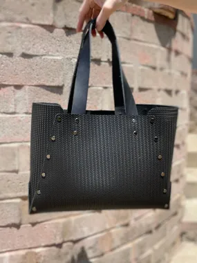 Black Herringbone Embossed Open Top Tote Bag