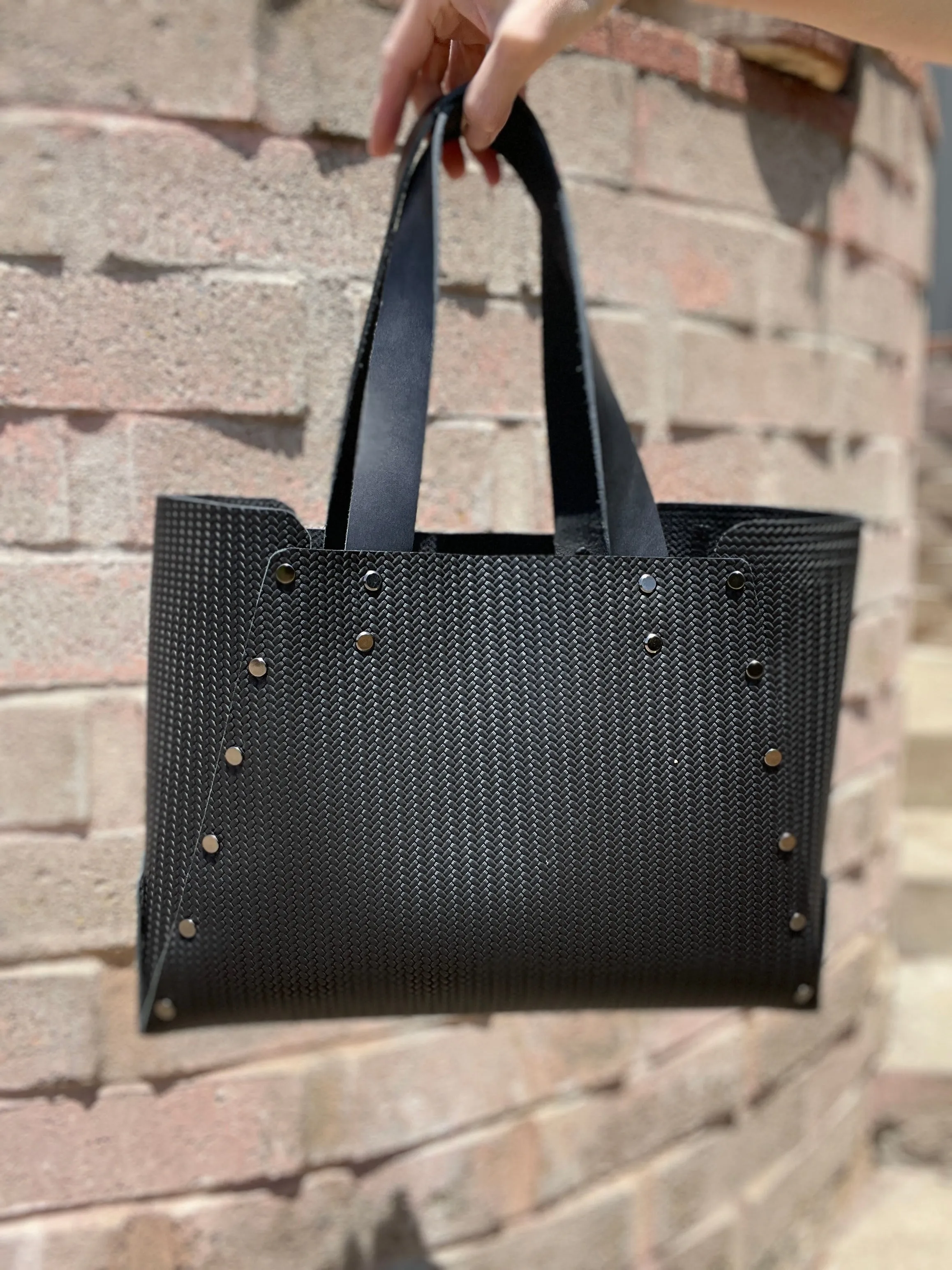 Black Herringbone Embossed Open Top Tote Bag