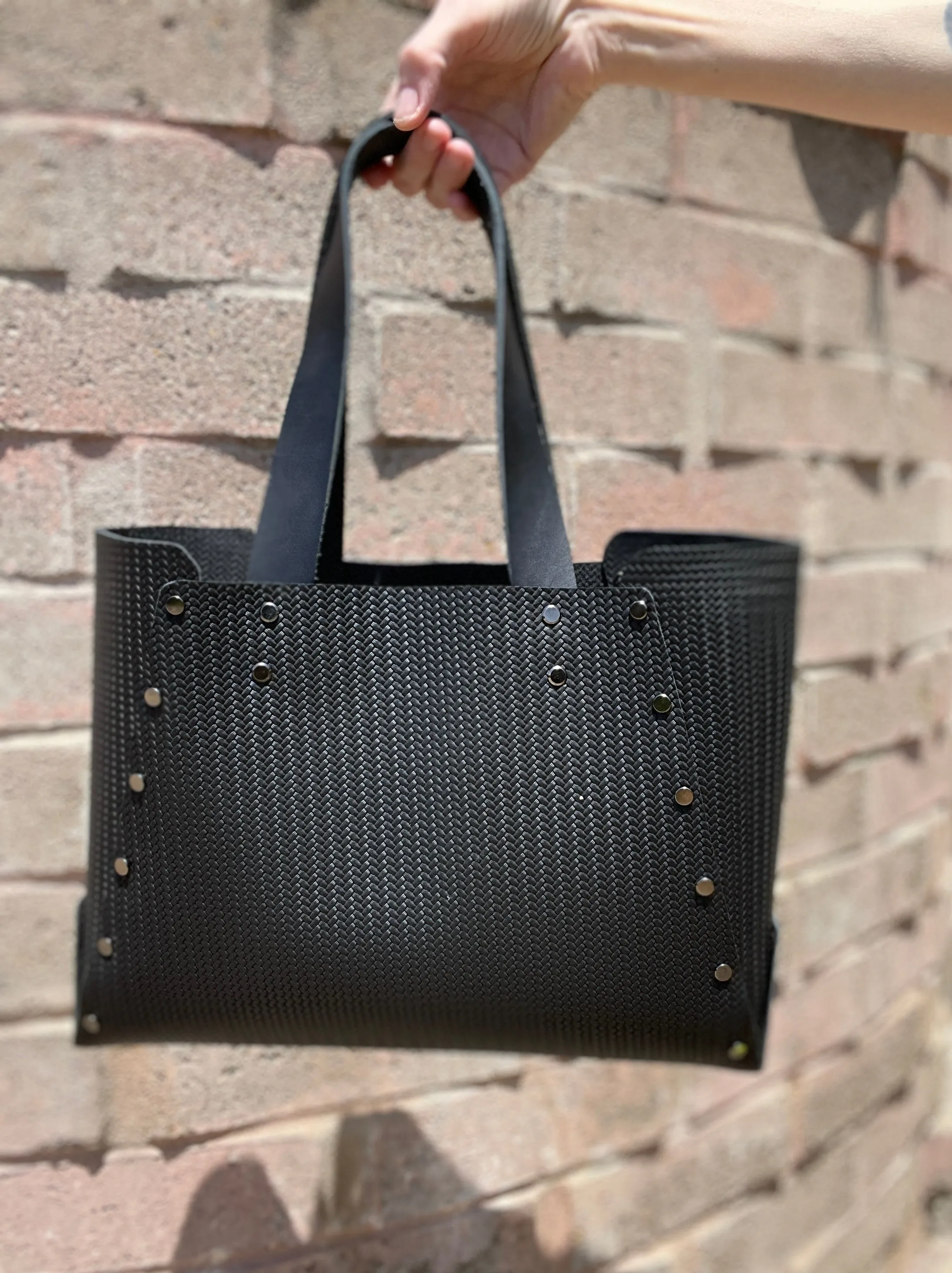 Black Herringbone Embossed Open Top Tote Bag