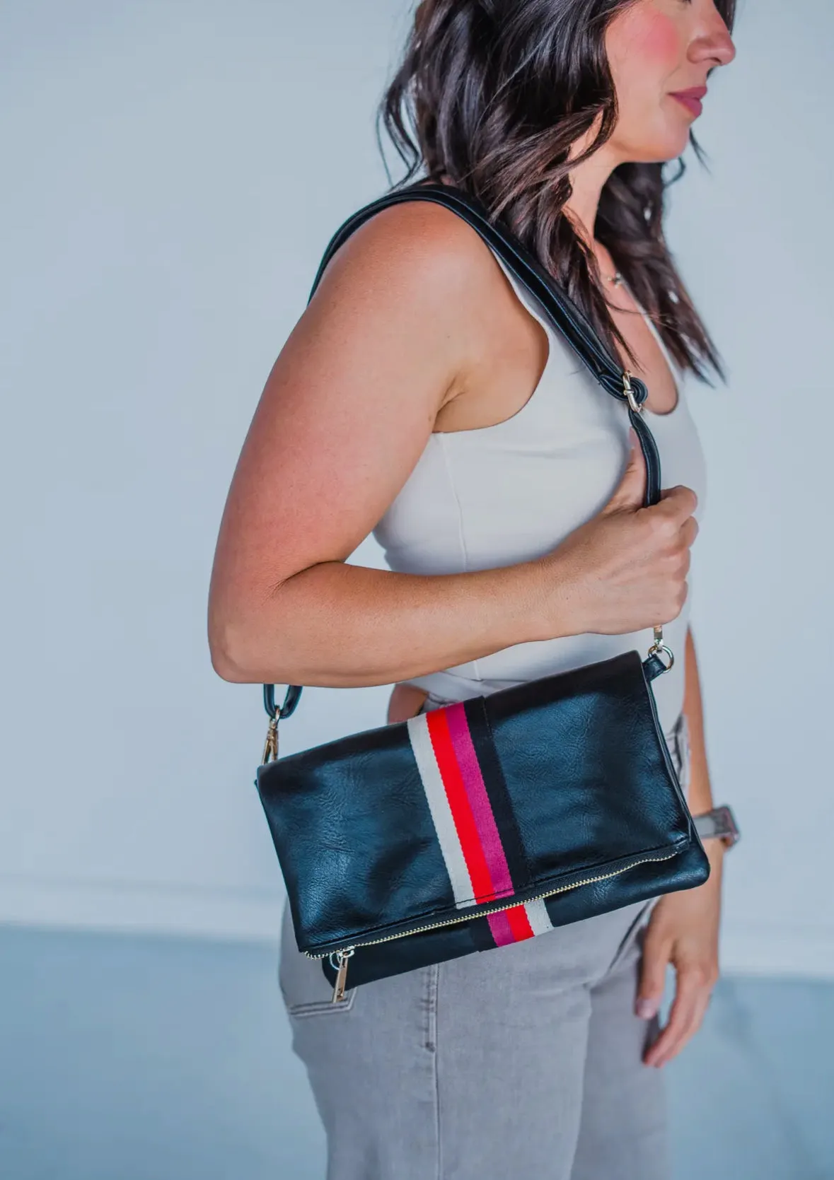 Black Leather Racerstripe Crossbody