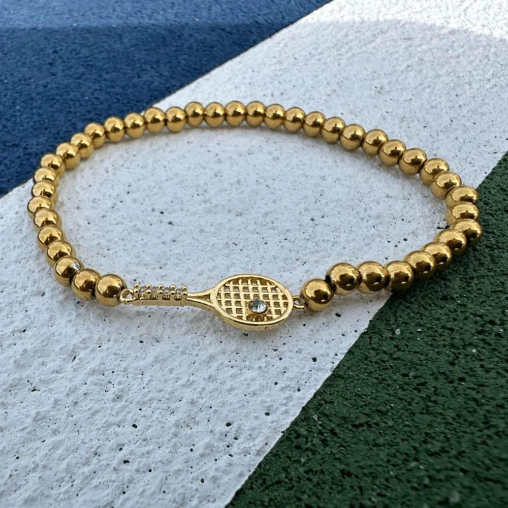 Born To Rally Gold Rhinestone Tennis Racket Beaded Bracelet