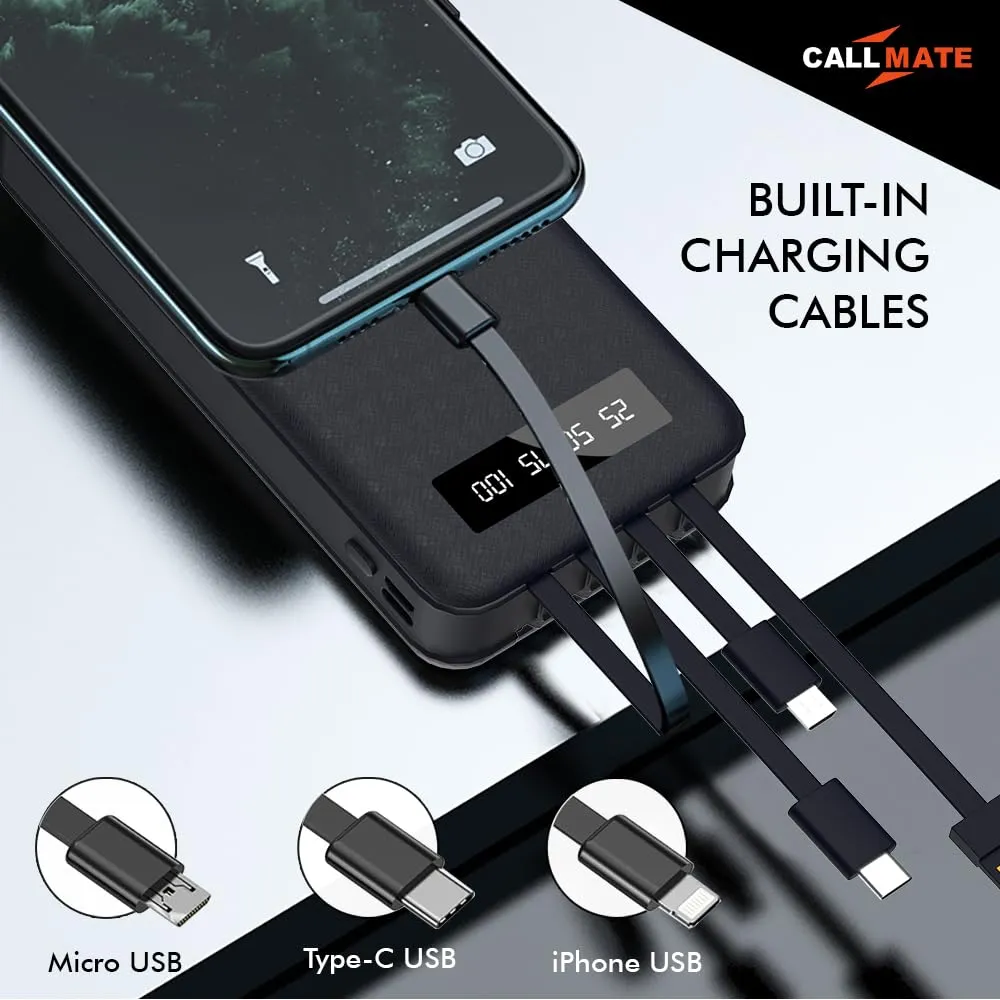 CALLMATE 20000Mah Power Bank, 15W Fast Charging| Buit-in Cables | 4 Output Ports and 3 Input | for iPhone, Smartphones & Other Devices (15 W, Fast Charging) (Black, Lithium Polymer)