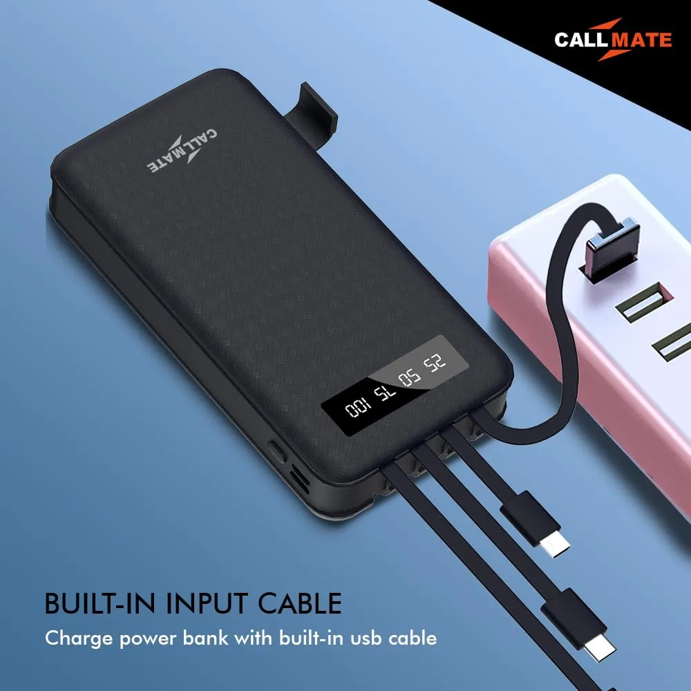 CALLMATE 20000Mah Power Bank, 15W Fast Charging| Buit-in Cables | 4 Output Ports and 3 Input | for iPhone, Smartphones & Other Devices (15 W, Fast Charging) (Black, Lithium Polymer)