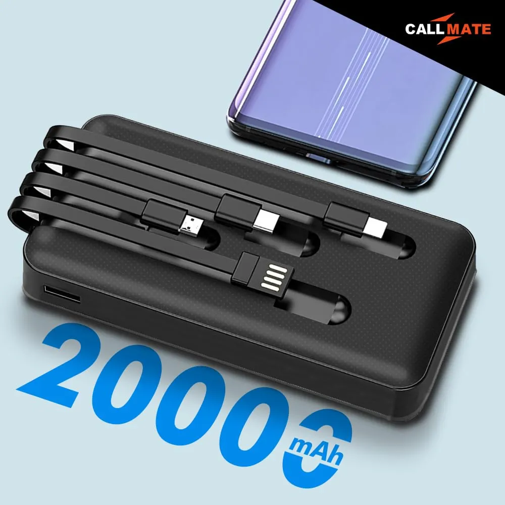 CALLMATE 20000Mah Power Bank, 15W Fast Charging| Buit-in Cables | 4 Output Ports and 3 Input | for iPhone, Smartphones & Other Devices (15 W, Fast Charging) (Black, Lithium Polymer)