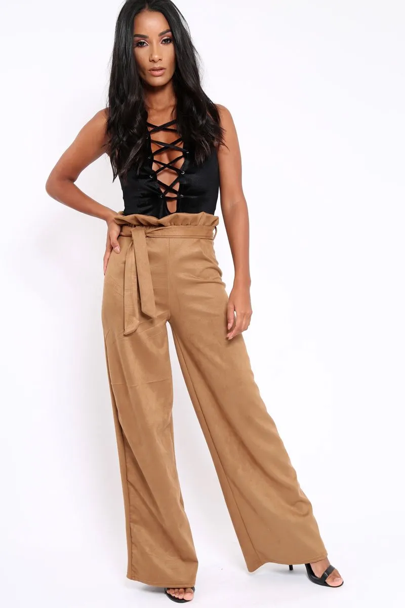 Camel Suedette Paper Bag Tie Waist Wide Leg Trousers - Kennedy