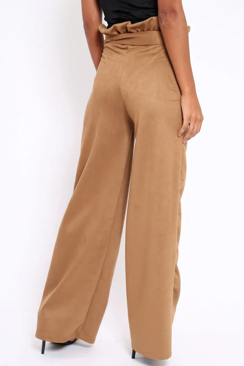 Camel Suedette Paper Bag Tie Waist Wide Leg Trousers - Kennedy