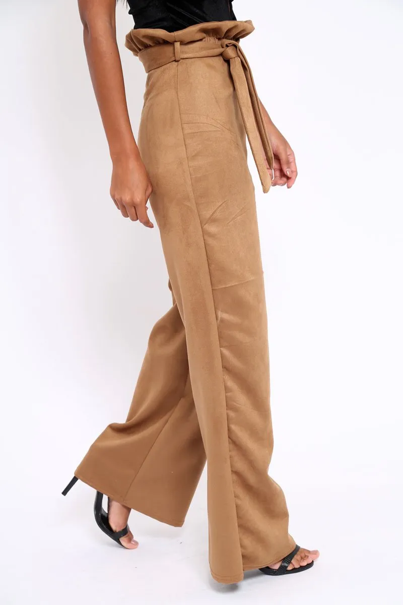 Camel Suedette Paper Bag Tie Waist Wide Leg Trousers - Kennedy