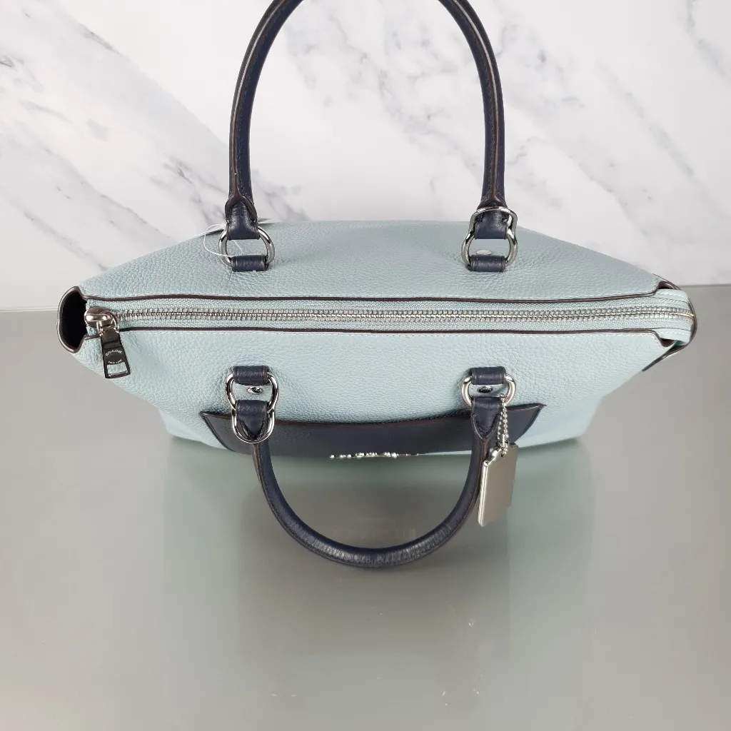 Coach Emma Satchel in Seafoam Blue with Navy Coloblock Pebble Leather - Coach F72856