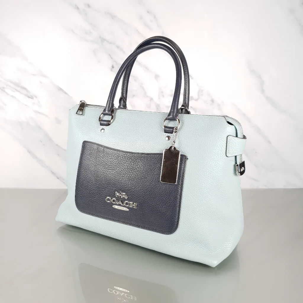 Coach Emma Satchel in Seafoam Blue with Navy Coloblock Pebble Leather - Coach F72856