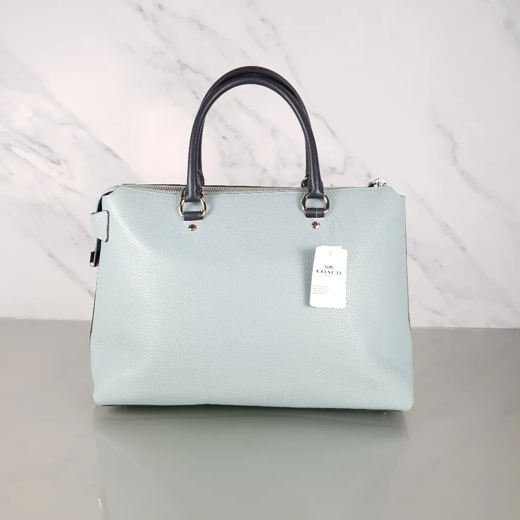 Coach Emma Satchel in Seafoam Blue with Navy Coloblock Pebble Leather - Coach F72856