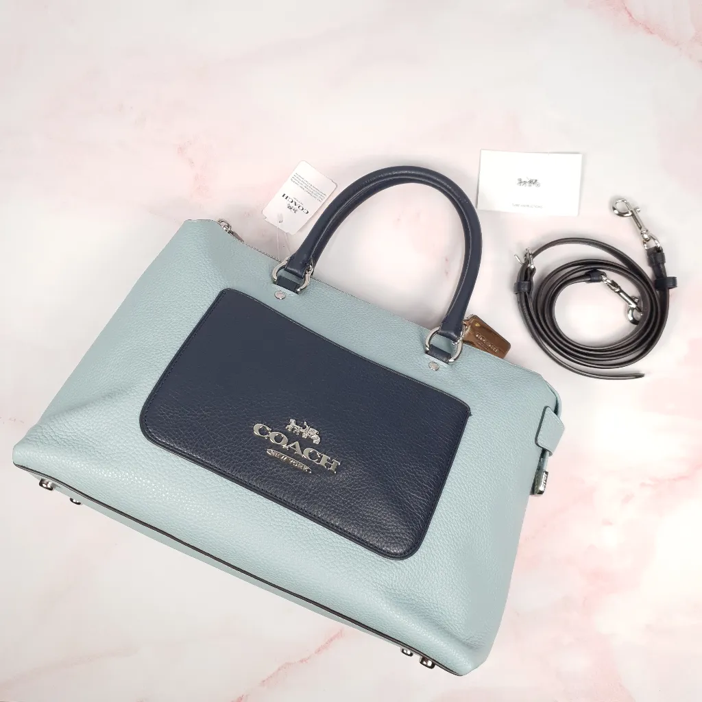 Coach Emma Satchel in Seafoam Blue with Navy Coloblock Pebble Leather - Coach F72856