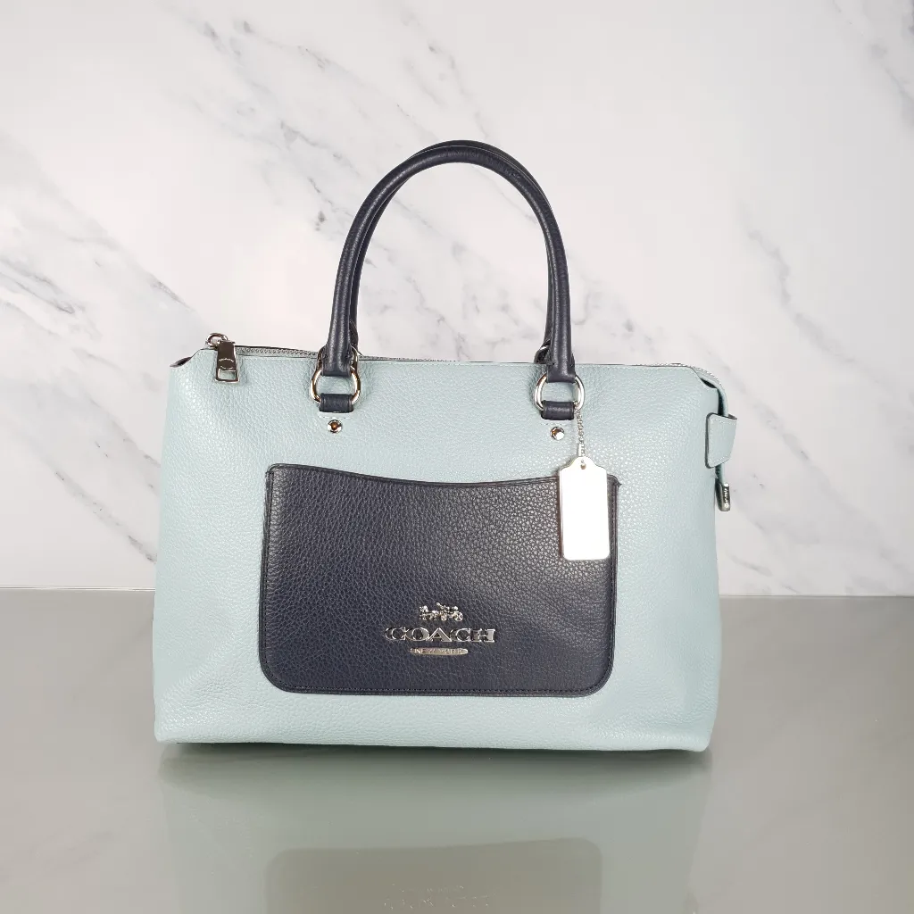 Coach Emma Satchel in Seafoam Blue with Navy Coloblock Pebble Leather - Coach F72856