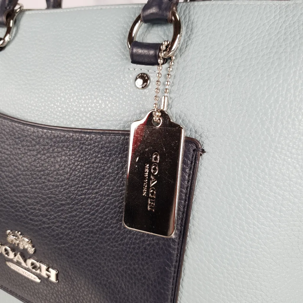 Coach Emma Satchel in Seafoam Blue with Navy Coloblock Pebble Leather - Coach F72856