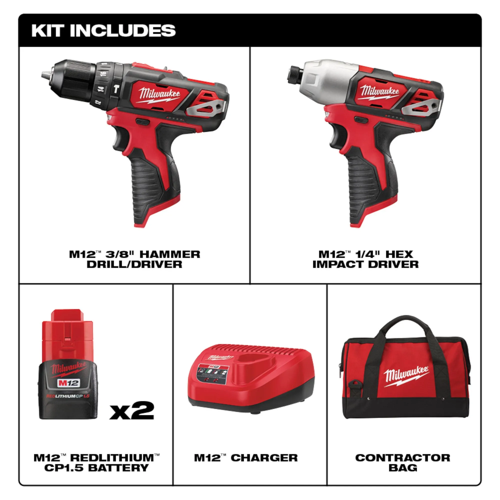 Combo Kit - Milwaukee M12™ Cordless LITHIUM-ION 2-Tool Combo Kit, 2497-22