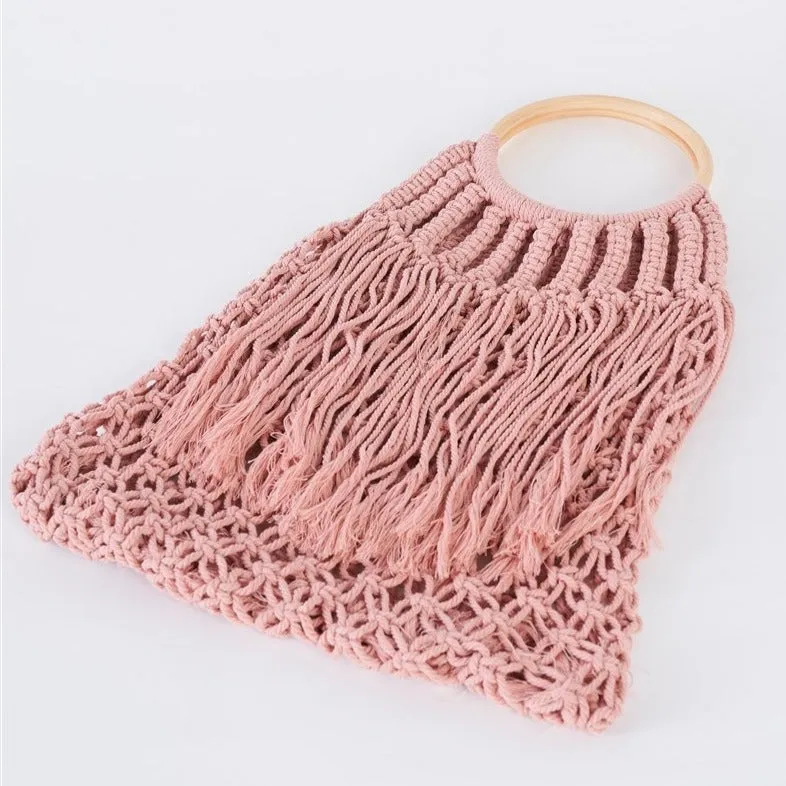 Crochet Fringe Wooden Handle Tote Bag in Pink