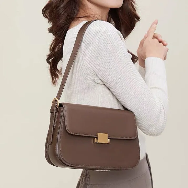 Cute Apricot, Brown, Black & Beige Minimalist Simple Slick Luxury Cowhide Leather Handbag for Women, Shoulder Bag, Messenger Bag, Baguette