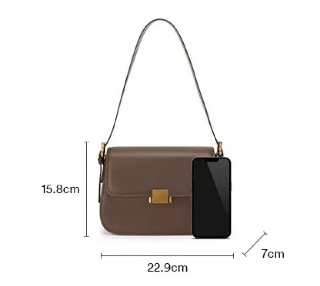 Cute Apricot, Brown, Black & Beige Minimalist Simple Slick Luxury Cowhide Leather Handbag for Women, Shoulder Bag, Messenger Bag, Baguette