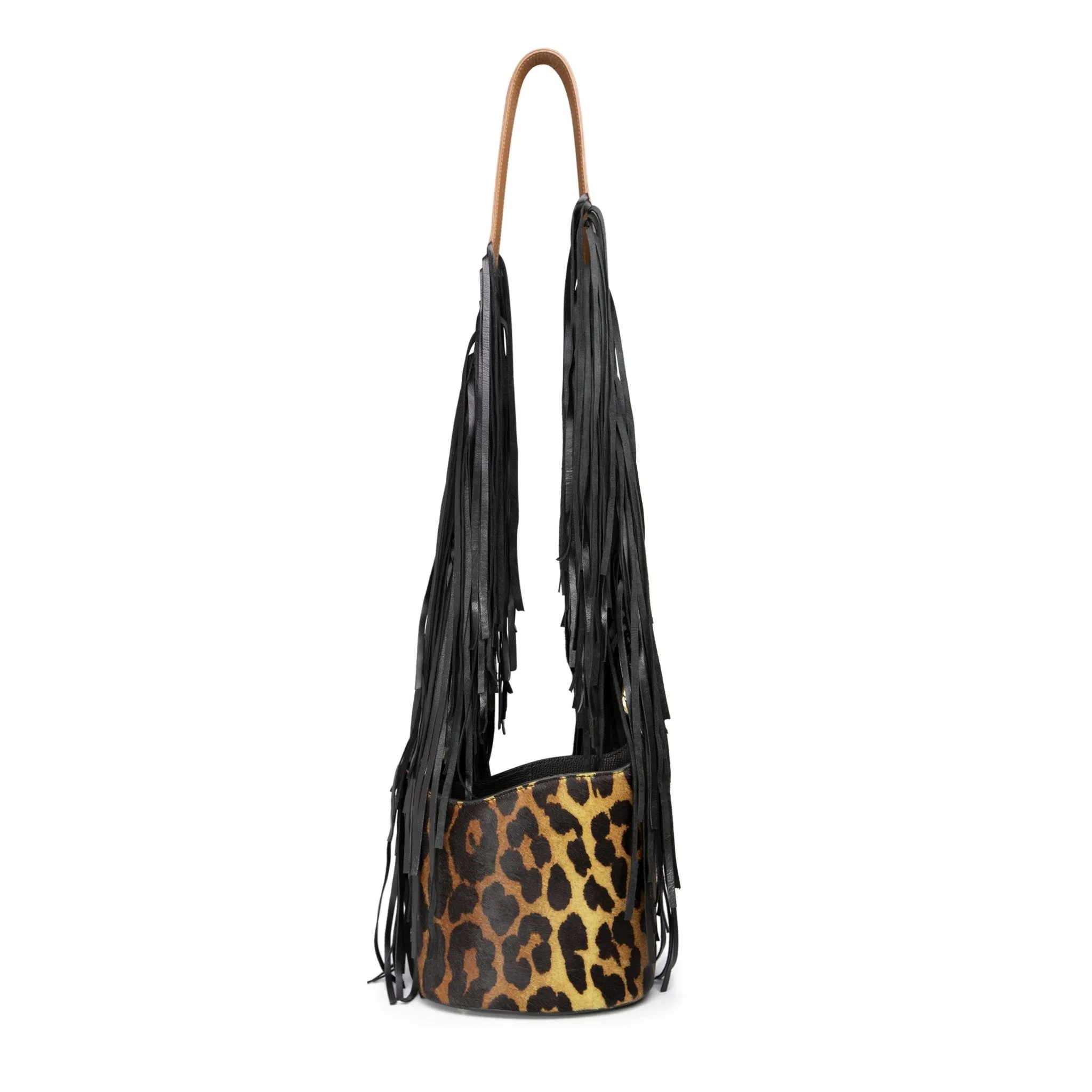 Dune Mini Bucket Bag: Designer Leopard Print Bag with Fringe