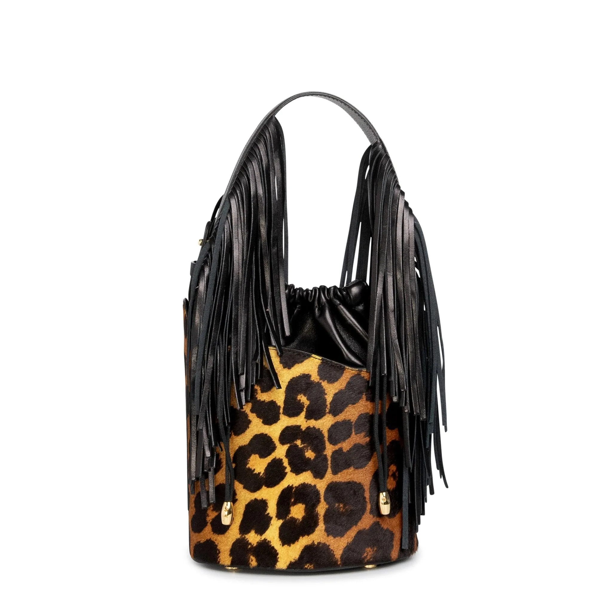 Dune Mini Bucket Bag: Designer Leopard Print Bag with Fringe