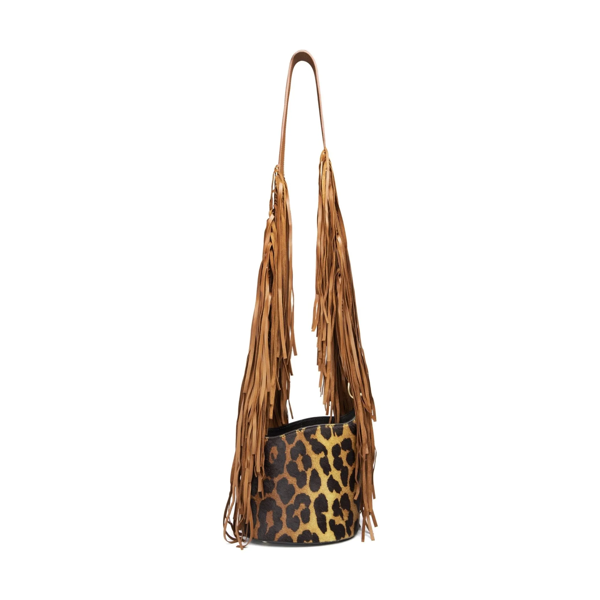 Dune Mini Bucket Bag: Designer Leopard Print Bag with Fringe