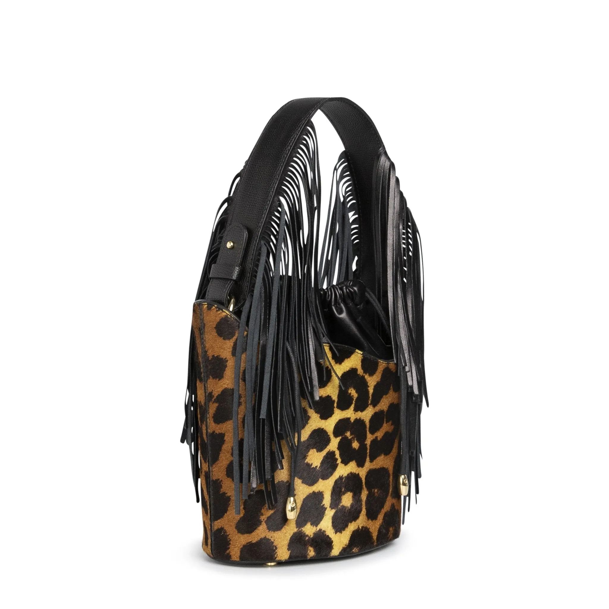 Dune Mini Bucket Bag: Designer Leopard Print Bag with Fringe