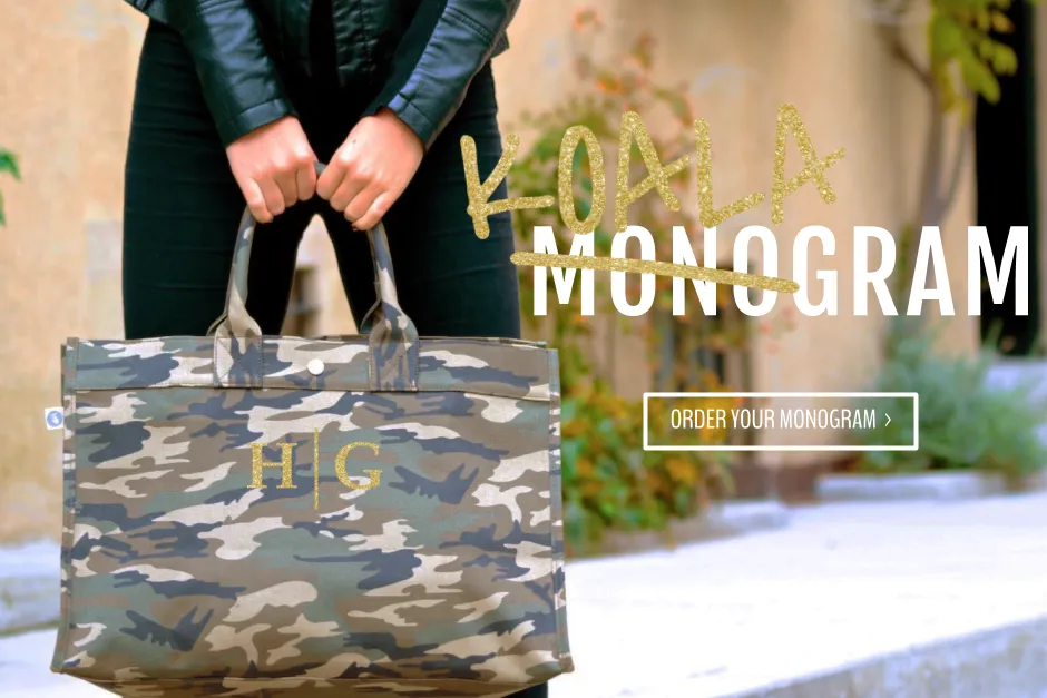 East-West Bag: Camouflage - Split Letter in Gold Glitter  plus free Pom Poms!