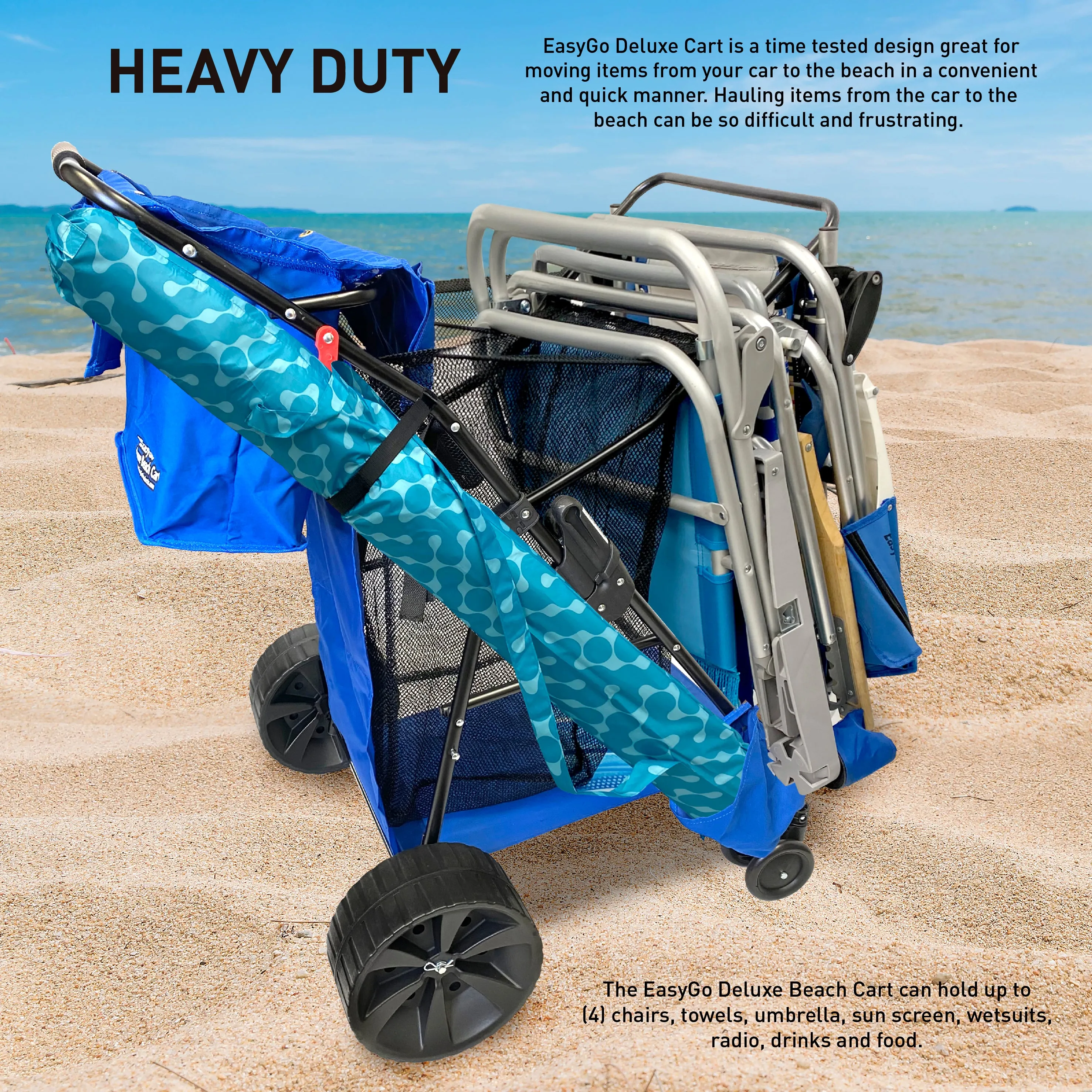 EasyGo Beach Cart Deluxe–Heavy Duty Folding Design–Large Wheels for Sand–Holds 4 Beach Chairs–Storage Pouch-Beach Umbrella Holder–Removable Beach Bag-Solid Blue