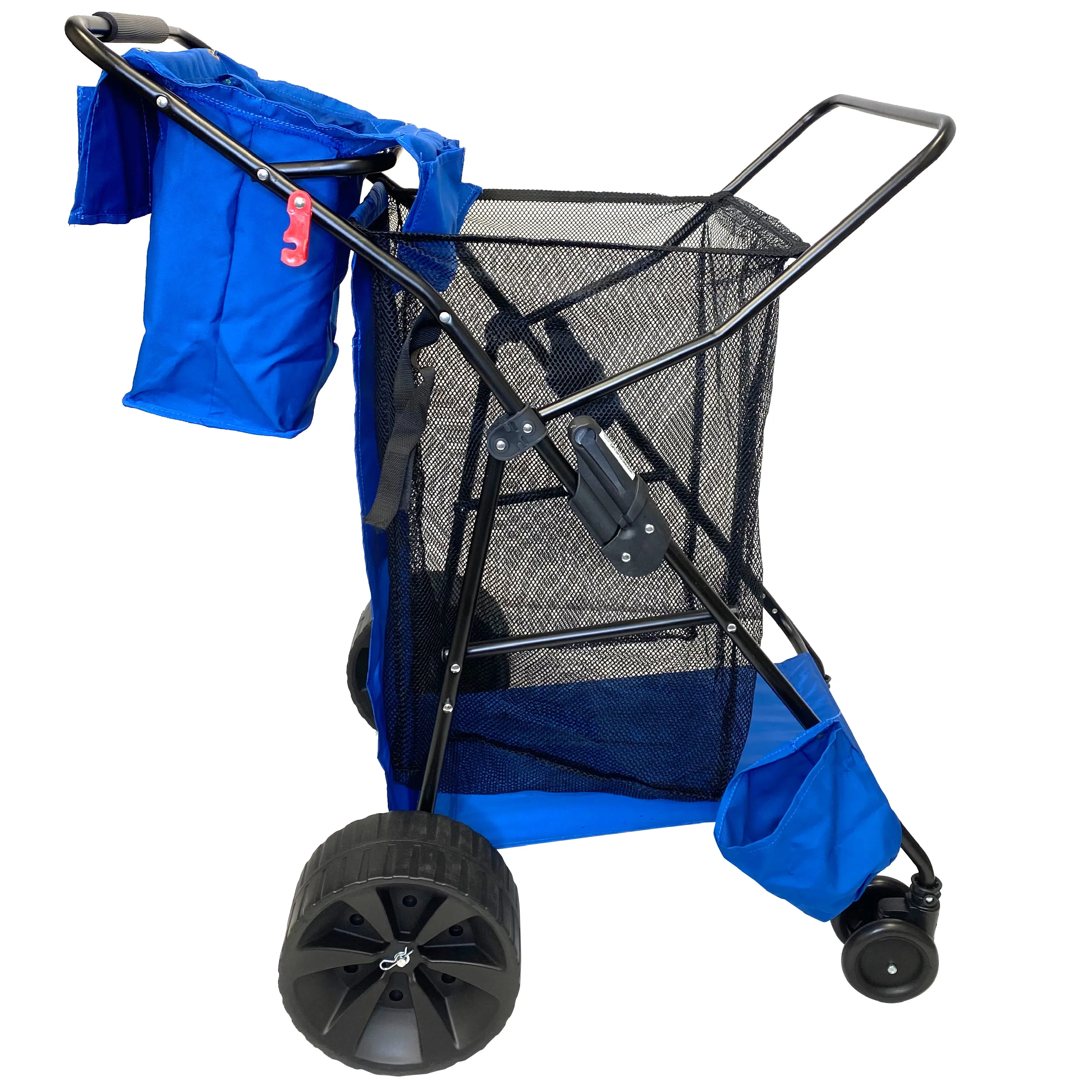 EasyGo Beach Cart Deluxe–Heavy Duty Folding Design–Large Wheels for Sand–Holds 4 Beach Chairs–Storage Pouch-Beach Umbrella Holder–Removable Beach Bag-Solid Blue