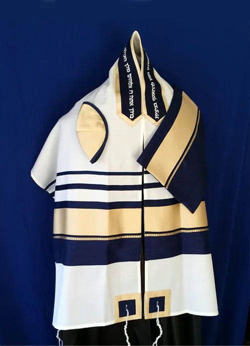 Elegant Blue and Gold pattern White Wool Tallit