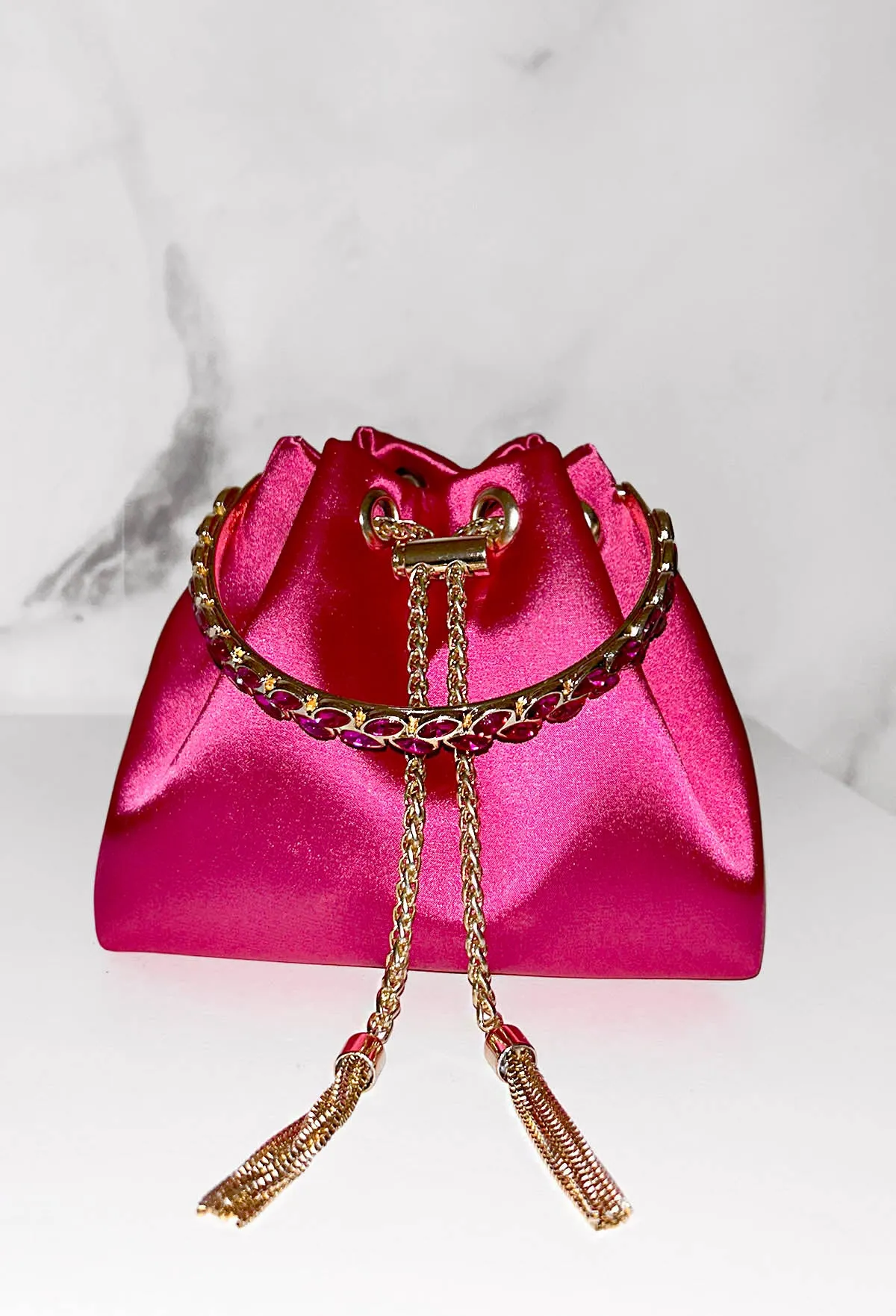 Elegant Charm Fuschia Satin Diamante Embellished Handle Bag