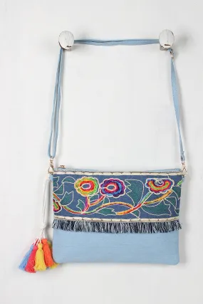 Embroidered Floral Threaded Fringe Denim Bag