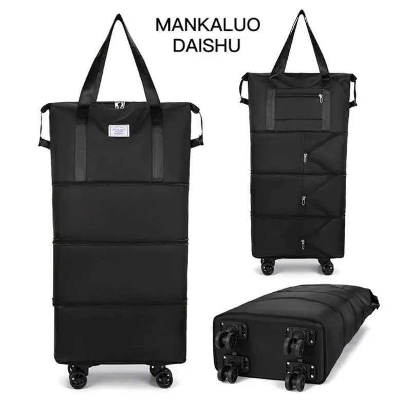 Expandable foldable duffel bag suitcase with Removable Wheels L -Black