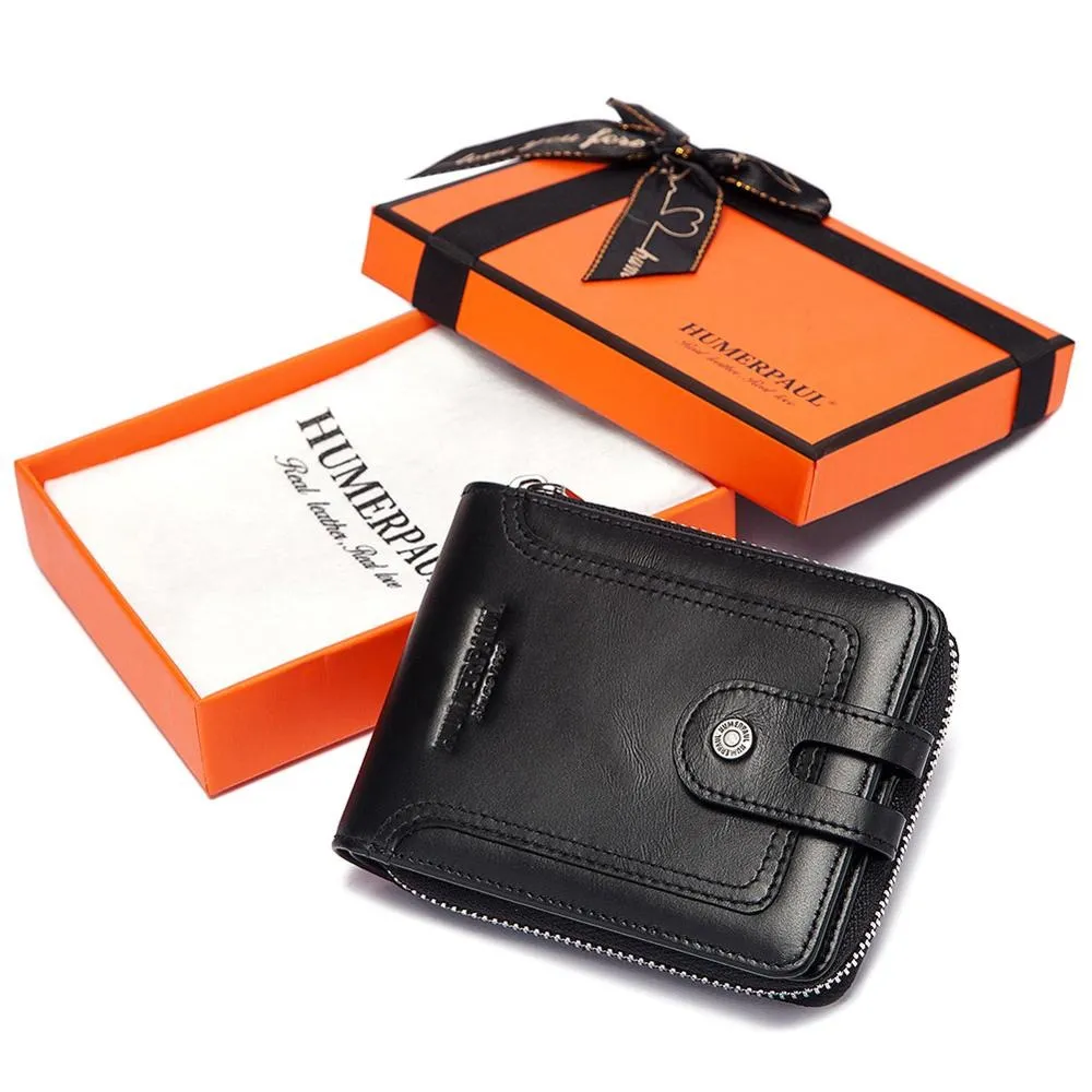 Fashion Purse for Men / Genuine Leather Wallet on Zipper / Multifunction Short Wallet