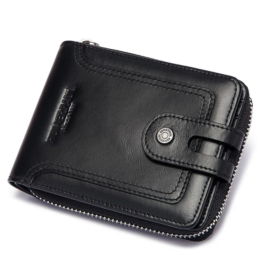 Fashion Purse for Men / Genuine Leather Wallet on Zipper / Multifunction Short Wallet