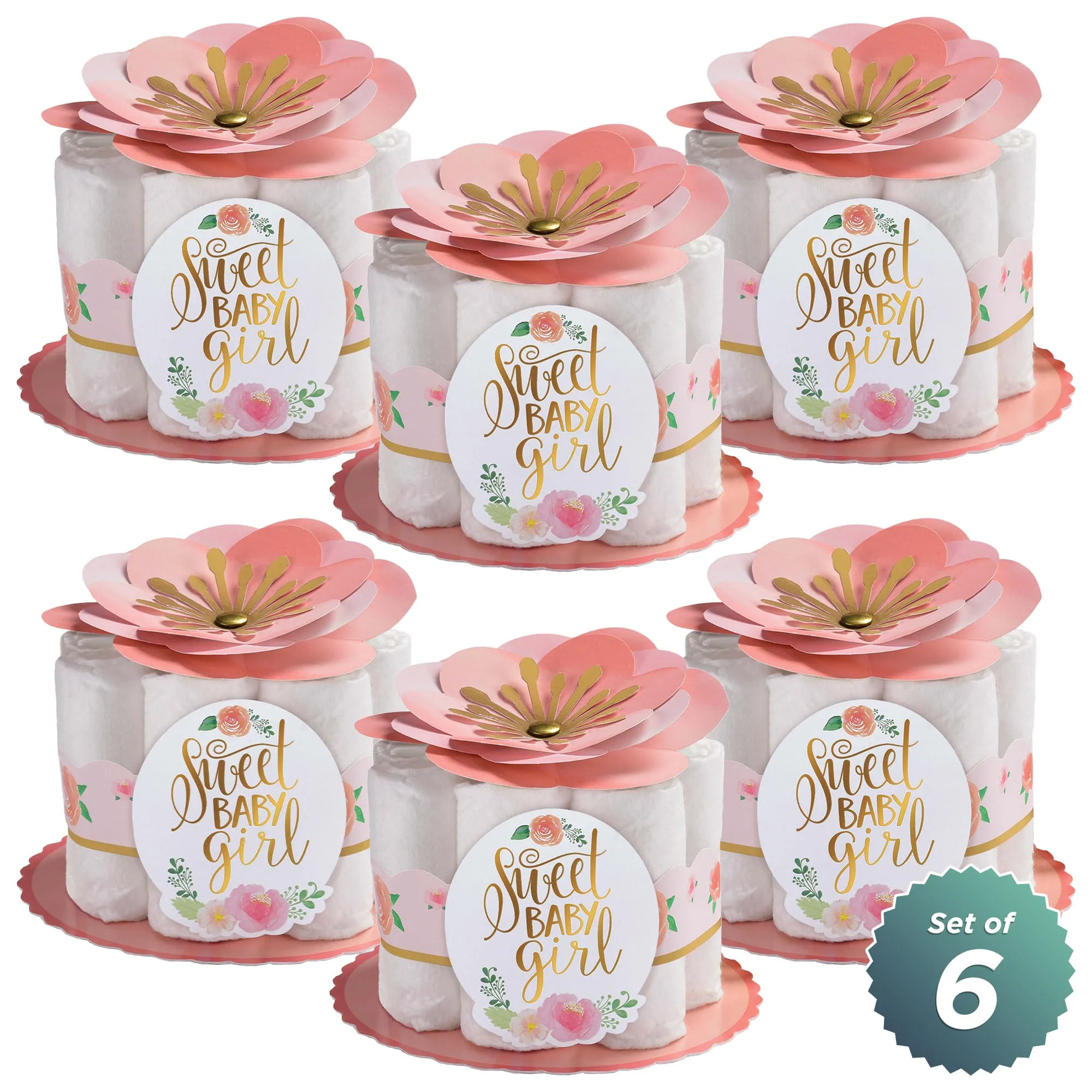 Floral Baby Shower Party Supplies - Baby Girl Diaper Centerpiece Decorating Kit, Set of 6