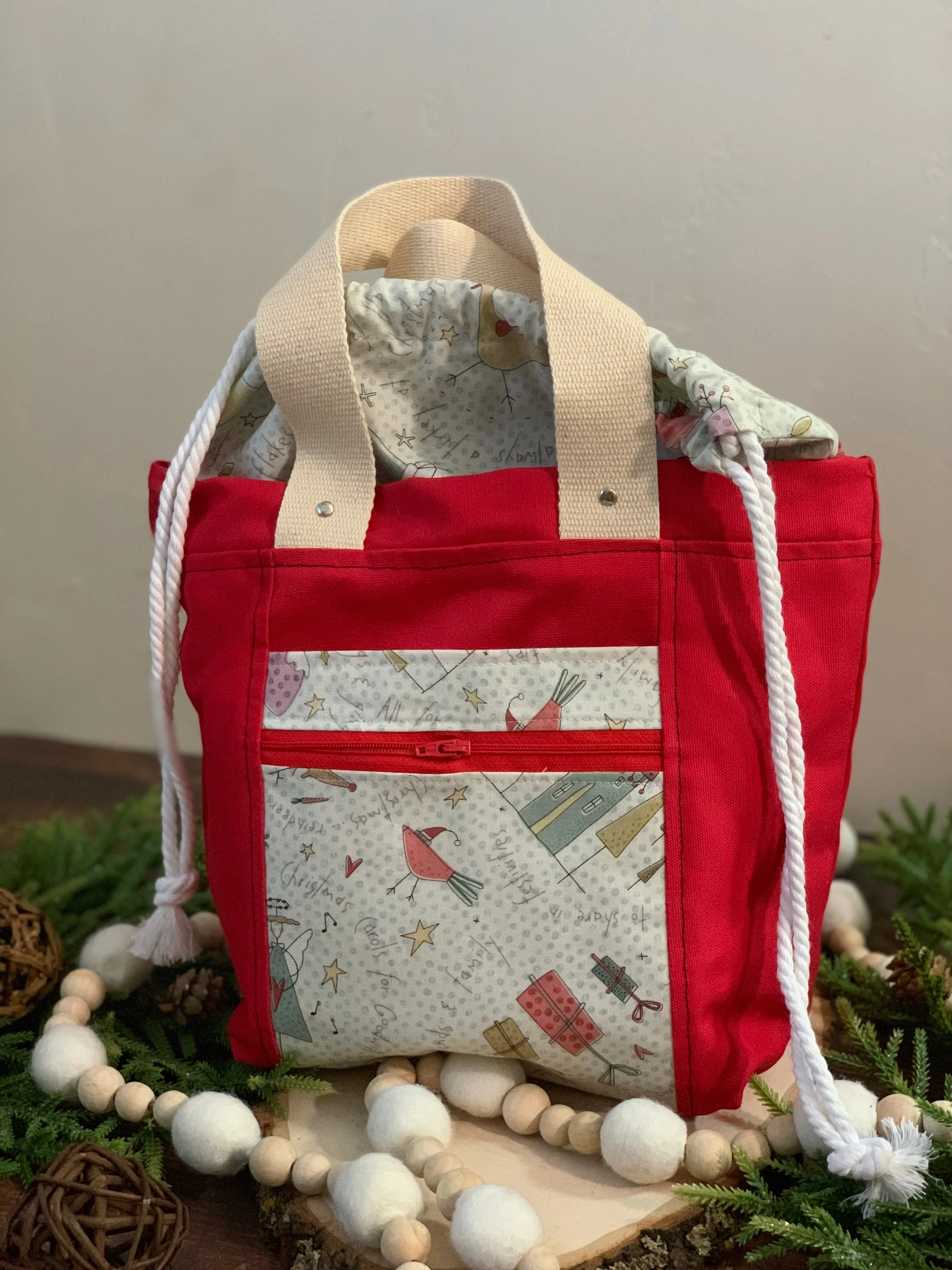 Folk Art Christmas Fabric Project Bag - Firefly Tote Project Size - Knitting Project Bag - Crochet Project Bag - Sweet Pea & Sparrow